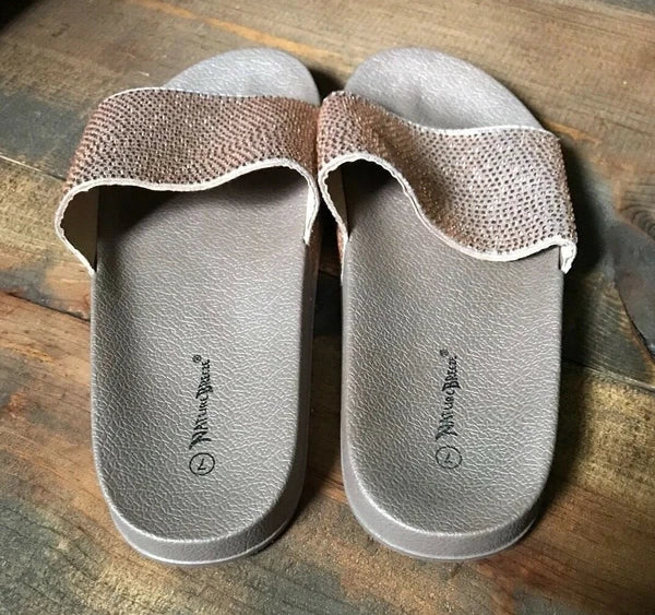 Nature Breeze Women's Sandals-Shoes-Size 7-Gold-Flat-Rhinestones-Fashion Slides