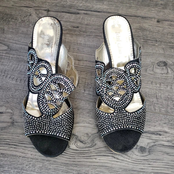 JOHN FASHION Black Rhinestone Perforated Slide Sandal Women's Size 8
