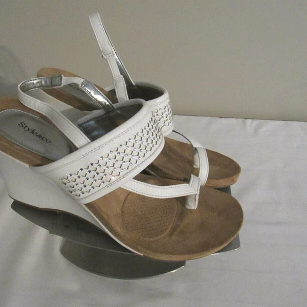 Style & Co. Strappy Sequin Accent Wedge Sandal Shoe White 9.5M NWOB