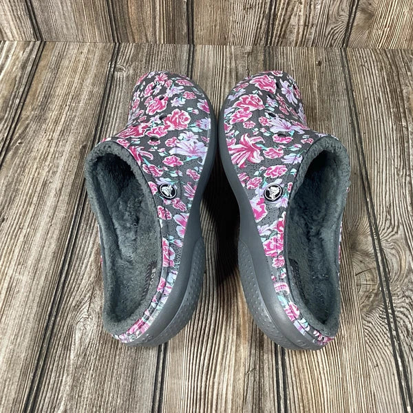 Crocs Womens Floral Design Gray Fur Lined Comfort Slides Shoes Size 11