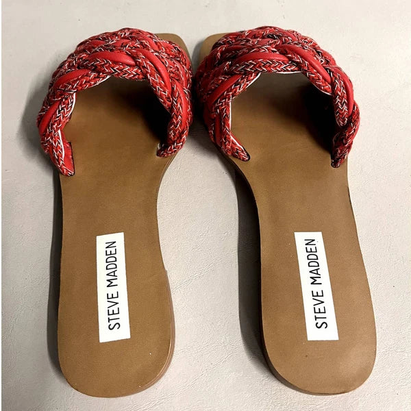 Steve Madden Women's Red Vegan Leather Braided Style Zorya Slide Sandal - Size 6