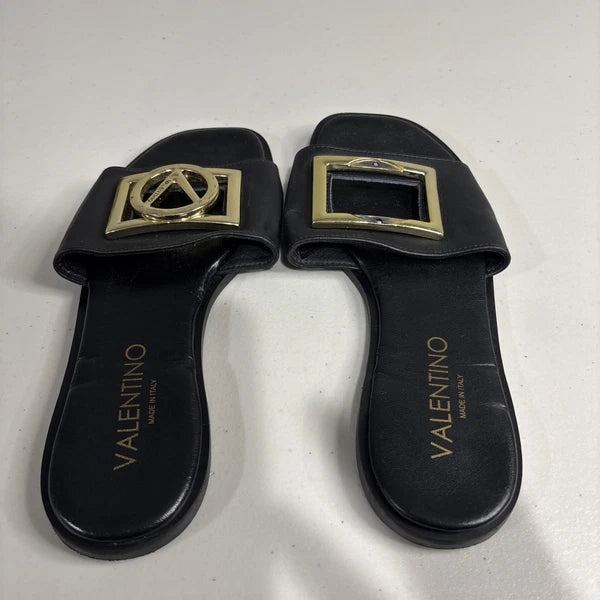 Valentino Garavani Slide Designer Leather Sandals Black Size 7