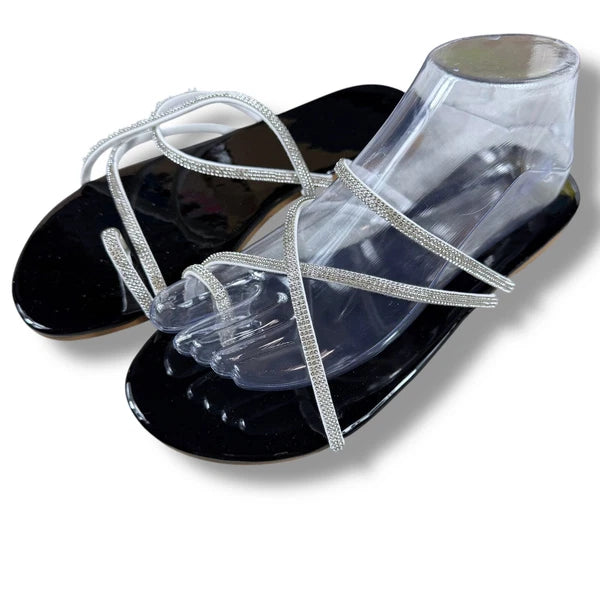 Boutique Rhinestone Sandals Women's Thong Strap Diamante Flat Sandal Slides Sz 9