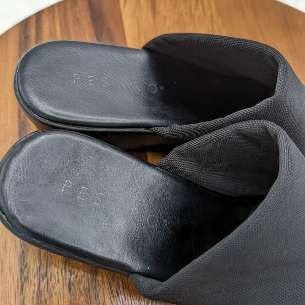 Pesaro Sara Slides Mules Sandals 9.5 Black Fabric Stretch Wedges 90s Y2K Popular