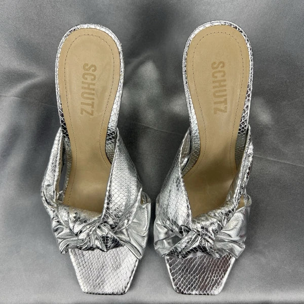 Schutz Mindy Sandals Women’s 9 Twist Knot Slide On Heels Metallic Silver Fashion