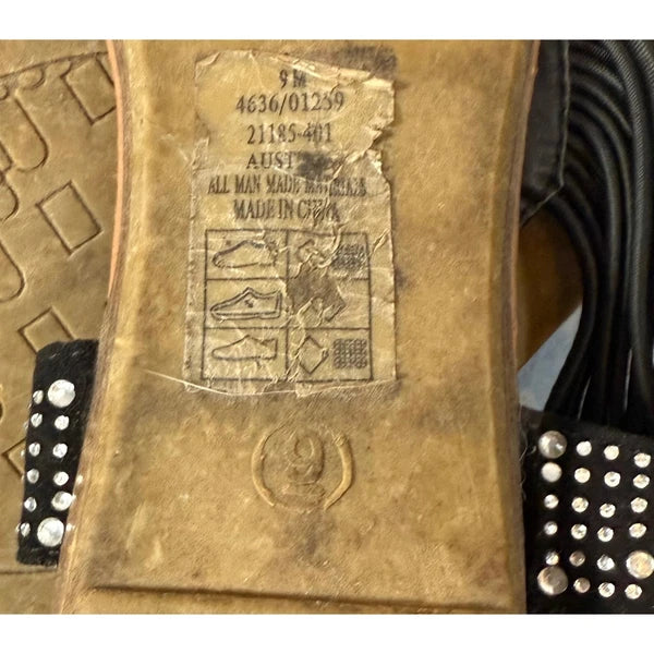 Pierre Dumas Sandals 9M Thong Gladiator Style Black Elastic Rhinestone Accents