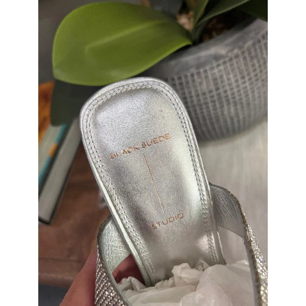 Black Suede Studio Cali SILVER Glitter Slide Sandal Womens Size 38.5