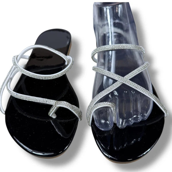 Boutique Rhinestone Sandals Women's Thong Strap Diamante Flat Sandal Slides Sz 9