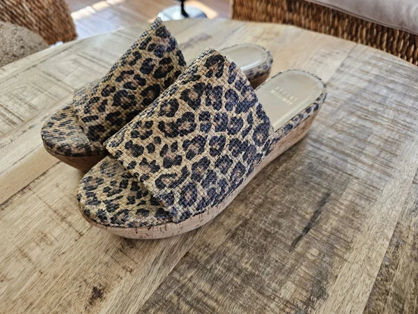 Stuart Weitzman Womens Flatout Leopard Canvas Raffia Flatform Slide Sandals 8.5