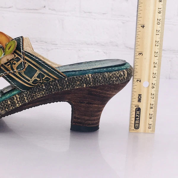 Spring Step Slide Sandal Womens 37/US 6.5 Green Leather Slip-On Low Heel Floral