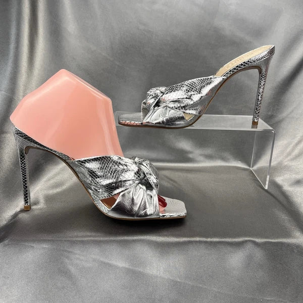 Schutz Mindy Sandals Women’s 9 Twist Knot Slide On Heels Metallic Silver Fashion