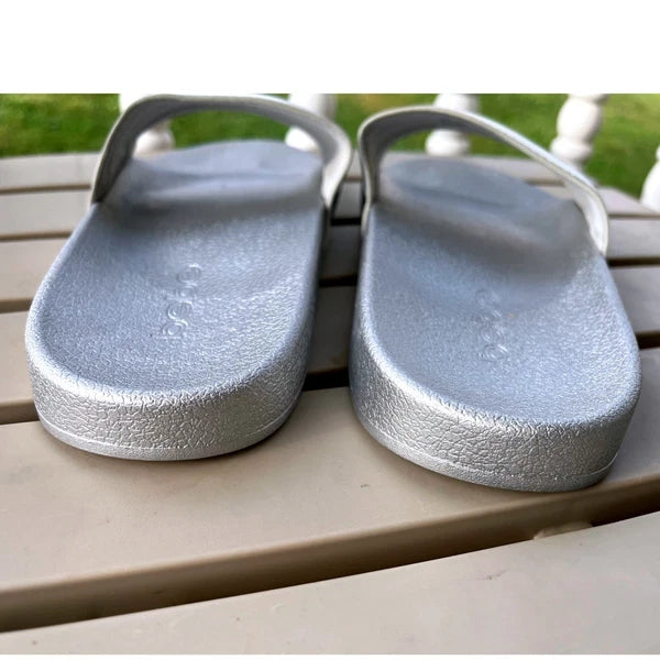 Bebe Silver Slides Sandals Women's Casual Slip On Logo Comfort Size 8 NWOT