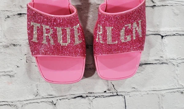 True Religion Bling Silver Pink Stoned Sandals Block Heels WOMENS SIZE 10