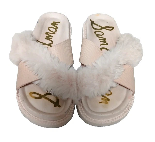 Sam Edelman Fuzzy Slide Sandals Women's Size 6 Pink Leather Faux Fur Open Toe