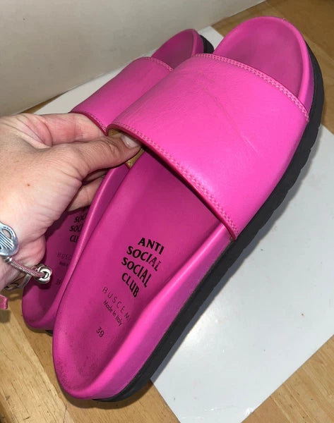 BUSCEMI X ASSC ANTISOCIAL SOCIAL CLUB PINK Truffle Leather SLIDES Sandals-Sz 39