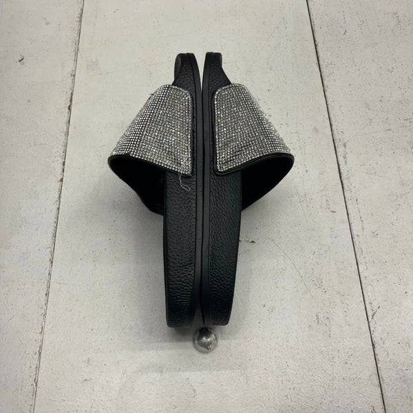 Fashion Nova Black & Silver Rhinestone Slip-On Slide Sandals Women's Size 6.5