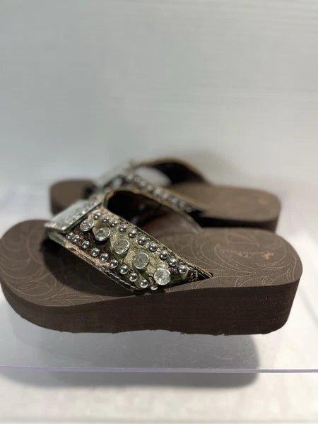 Montana West Rhinestone & Silver Stud Camo Western Style Wedge Sandals Sz6-6.5