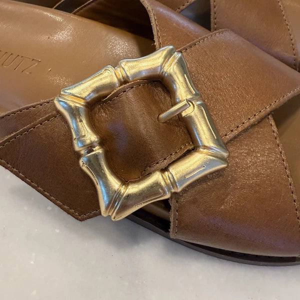 SCHUTZ Enola Crisscross Buckle CAMEL Leather Sandals Slides Women's 7 NEW!
