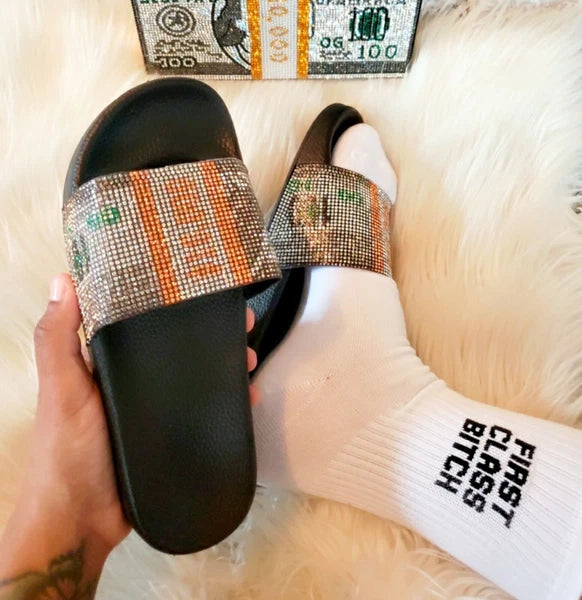 Money Print Rhinestone Slides, Summer Statement Sandals, Bands 10k Bling Slides