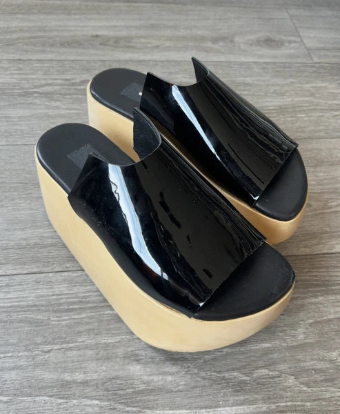 MELITTA BAUMEISTER Wood Platform Patent Leather Slide Sandals Designer Shoes 7
