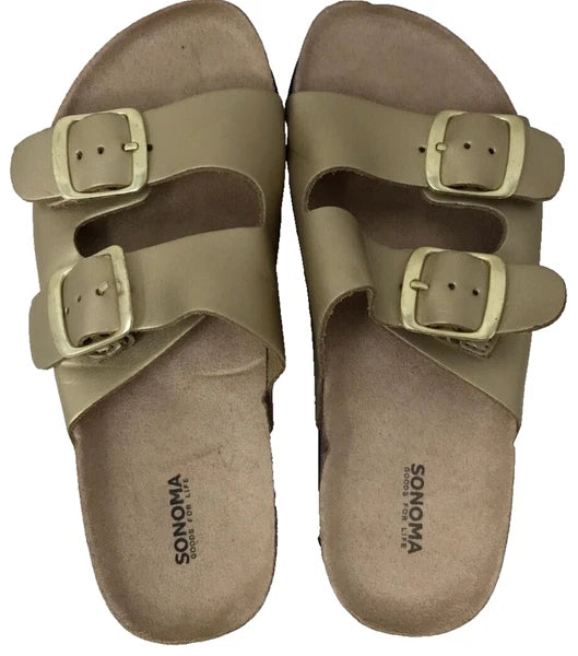 Sonoma Women's Artwork Double Buckle Leather Slide Sandals Gold Size:7 201E