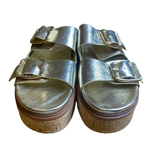 J/Slides Belinda Double Buckle Platform Gold Slide Sandals Women’s Size 10