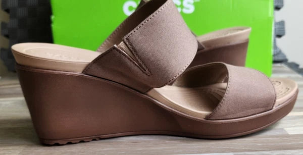 Crocs Leigh 2 Strap Wedge Sandals 11w Bronze Dual Comfort Women's Fashion Shoes