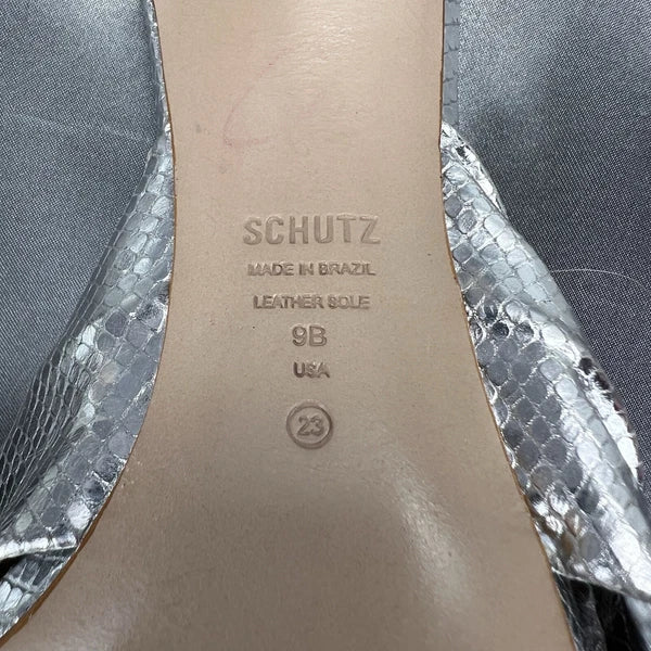 Schutz Mindy Sandals Women’s 9 Twist Knot Slide On Heels Metallic Silver Fashion