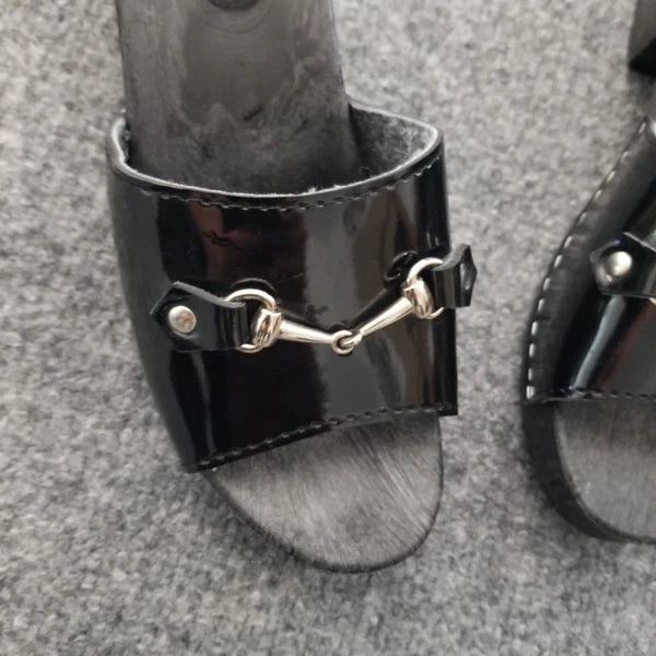 Made in Italy Women Clogs Size US 6M Black Open Toe Wooden Look w Silver Buckle*