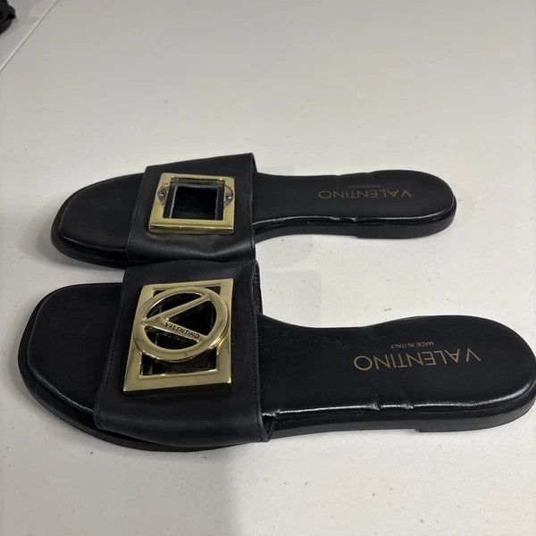 Valentino Garavani Slide Designer Leather Sandals Black Size 7