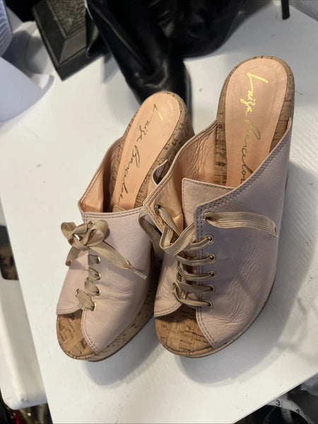 Luiza Barcelos 40 Platform Leather Mules Open Toe Slide Sandal Pink Leather Gold