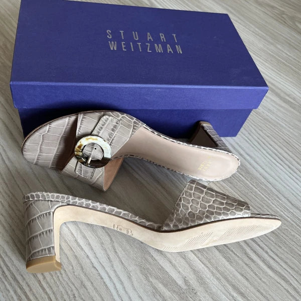 STUART WEITZMAN Style 87580 Taupe Croc Embossed Leather Heels Sandals Size 8.5M