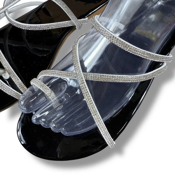 Boutique Rhinestone Sandals Women's Thong Strap Diamante Flat Sandal Slides Sz 9