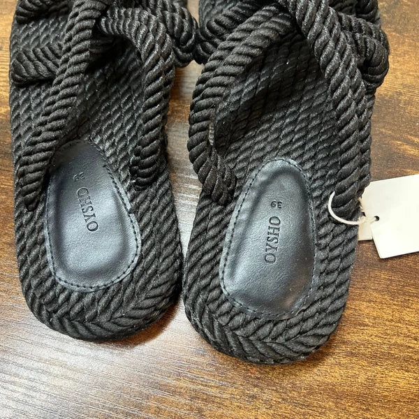 OYSHO Rope Slide Sandals 8 Womens Black Slip On Beach Boho Open Toe Casual New
