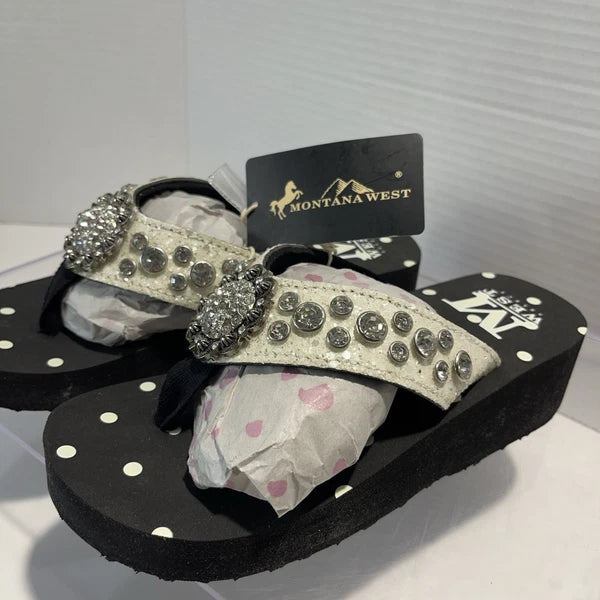 Montana West Rhinestone & Silver Stud Pearl Western Style Wedge Sandals Sz6-6.5
