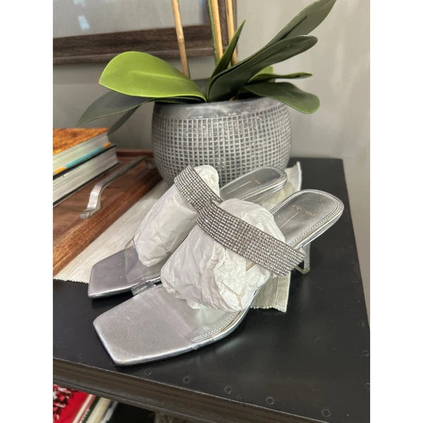 Black Suede Studio Cali SILVER Glitter Slide Sandal Womens Size 38.5