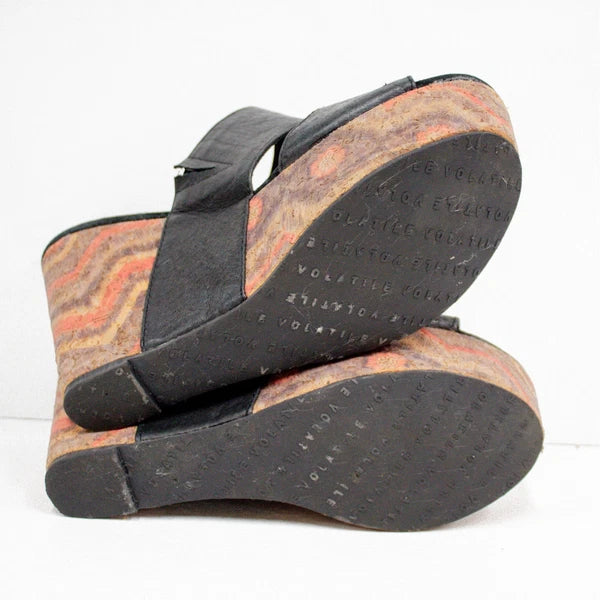 Very Volatile Los Angeles Wedge Sandals Black Leather Platform Women's Size 8