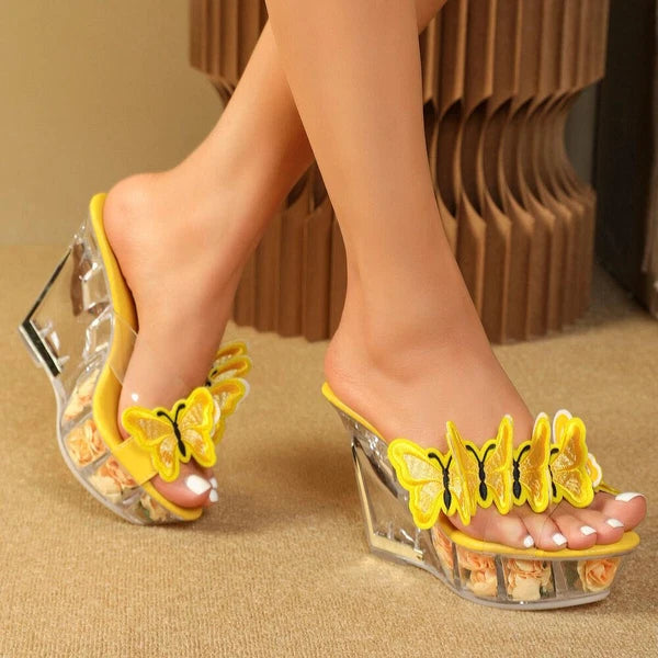 Women Clear Mule Slide Platform Butterfly Transparent Wedge Heel Sandal Slippers