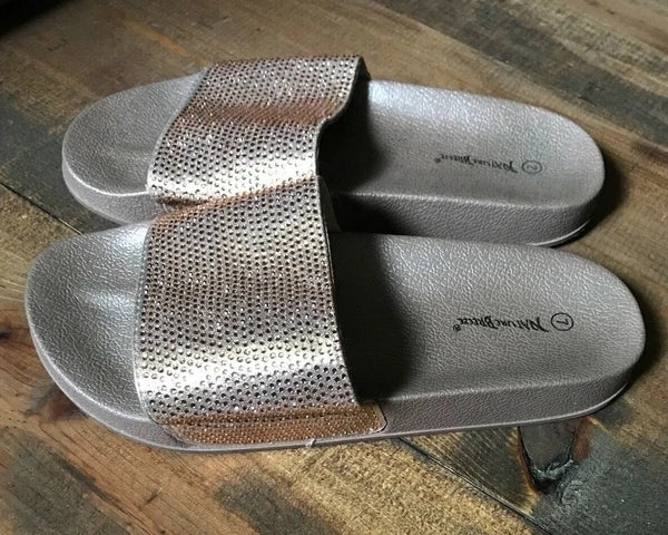Nature Breeze Women's Sandals-Shoes-Size 7-Gold-Flat-Rhinestones-Fashion Slides