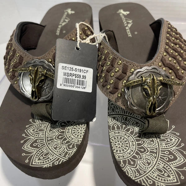 Montana West Silver/Bronze Longhorn&Bronze Stud Western Style Wedge Sandals Sz10