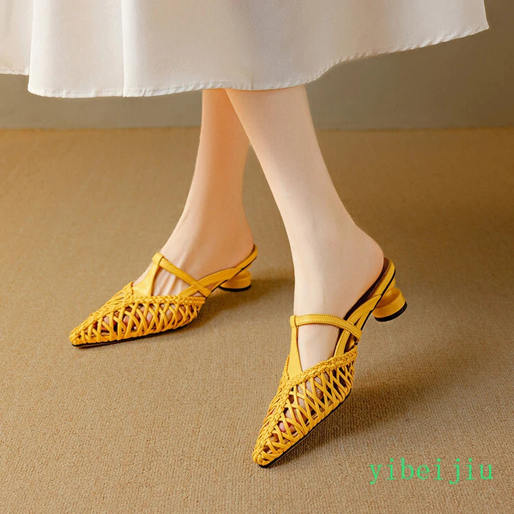 Women's Pointed Toe Hollow Out Weave Slides Mules Sandals Dress Shoes Leather OL