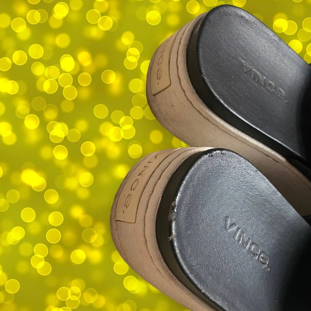 vince. Black Leather Platform Y2K-Style Slide Sandals Size 6