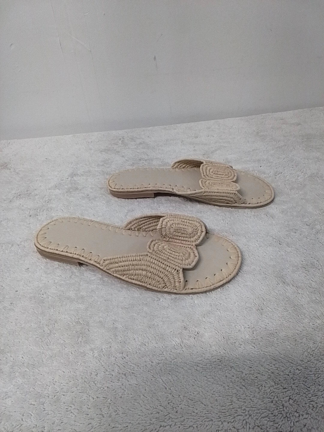 Size 8 Women's Designer Dupe Raffia Beige Open Toe Slip On Slides Sandals