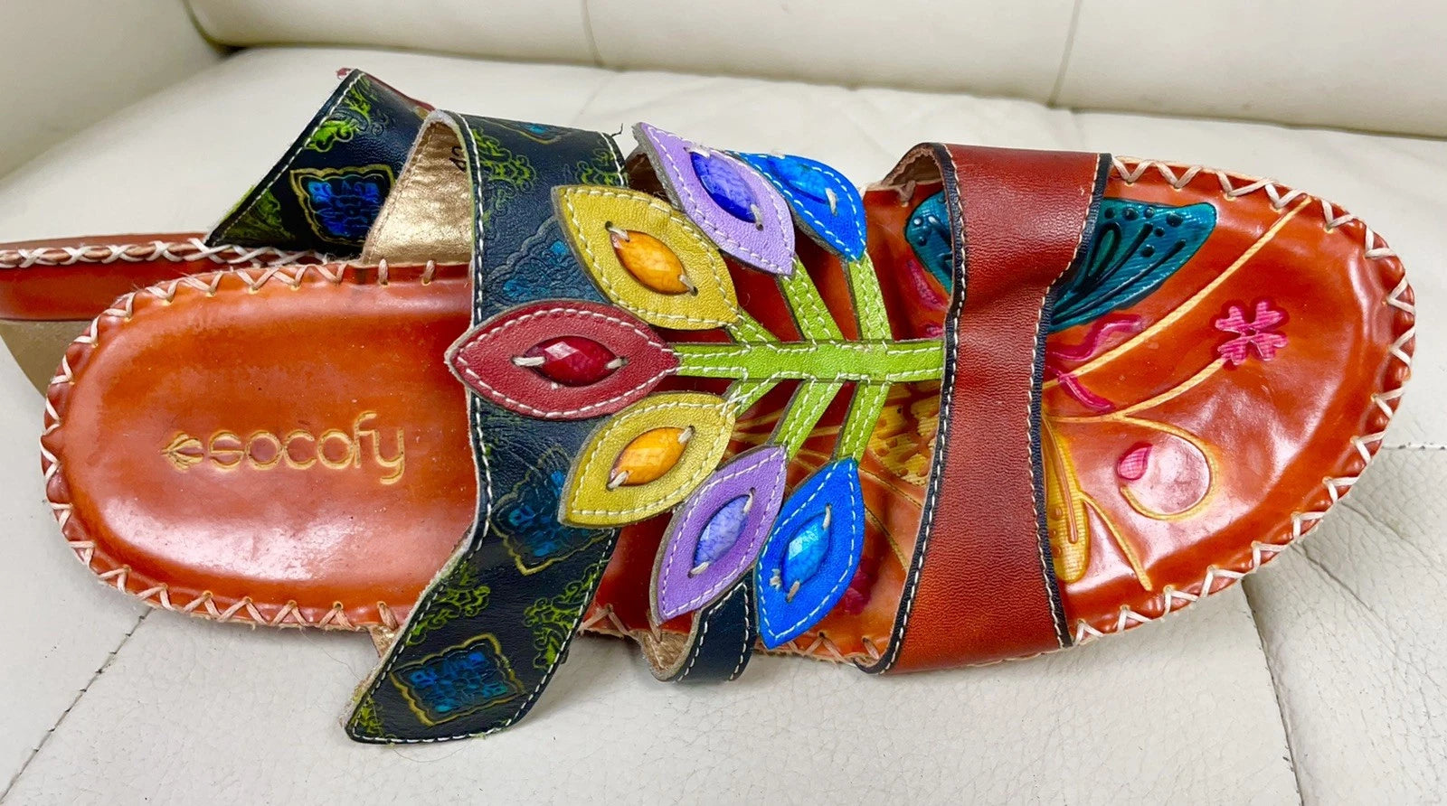 Socofy Colorful Sandals Women’s EU 42 US 10 Leather Leaf Cutout Style Slip On