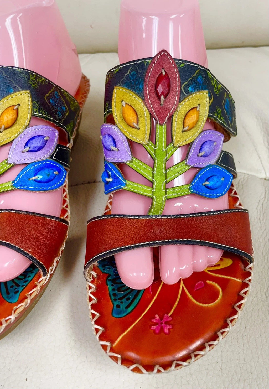 Socofy Colorful Sandals Women’s EU 42 US 10 Leather Leaf Cutout Style Slip On