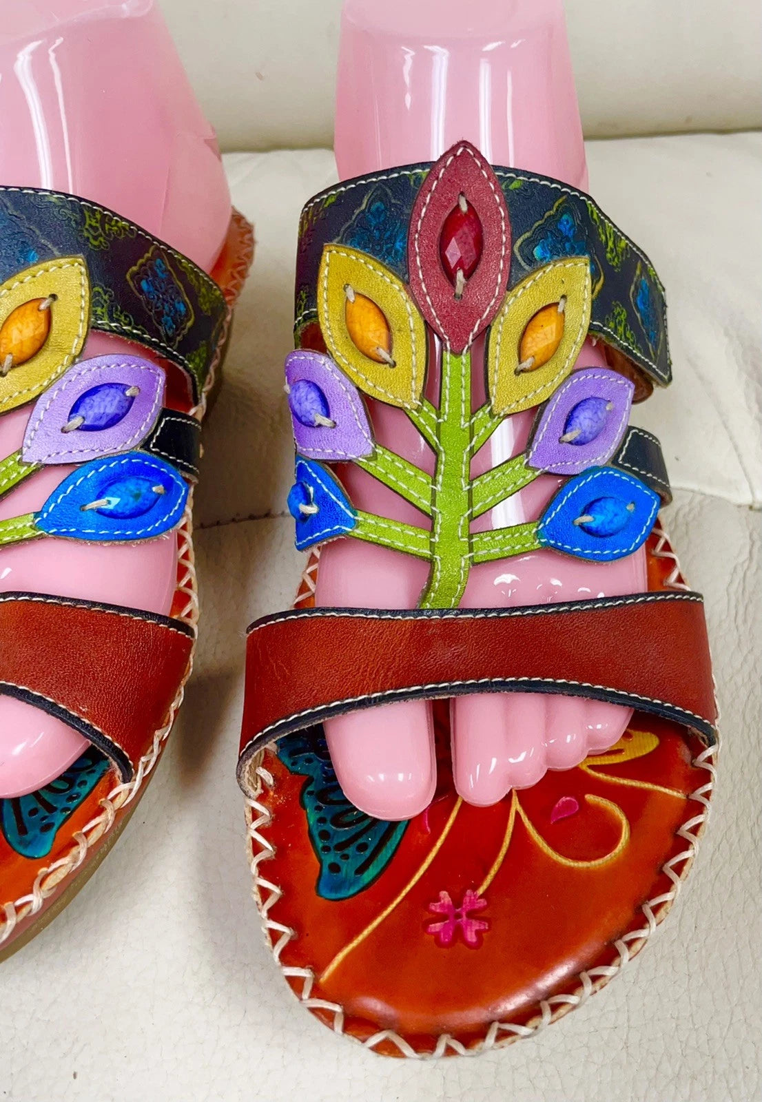 Socofy Colorful Sandals Women’s EU 42 US 10 Leather Leaf Cutout Style Slip On