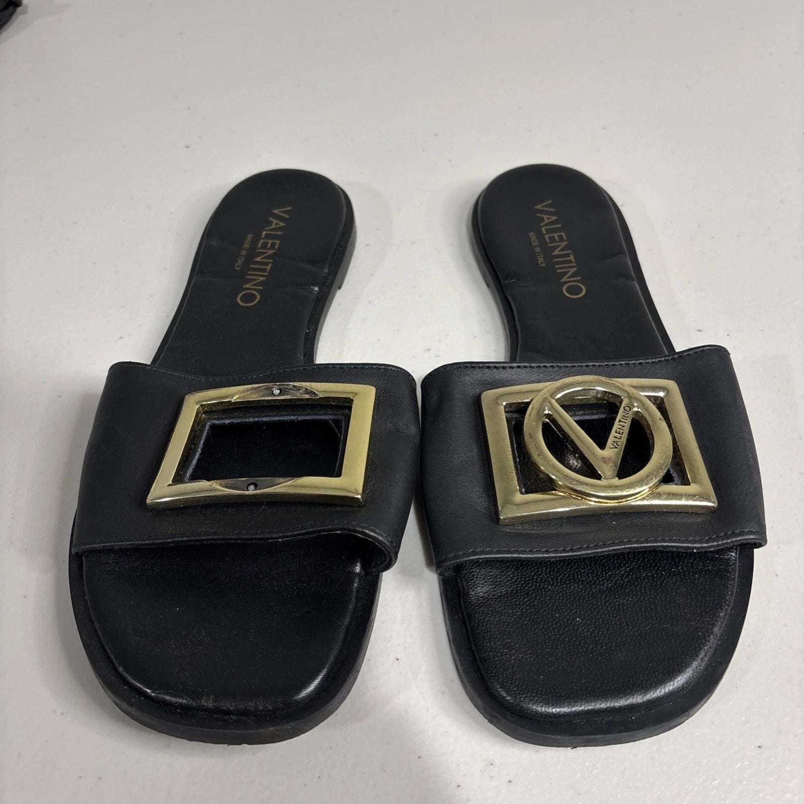 Valentino Garavani Slide Designer Leather Sandals Black Size 7