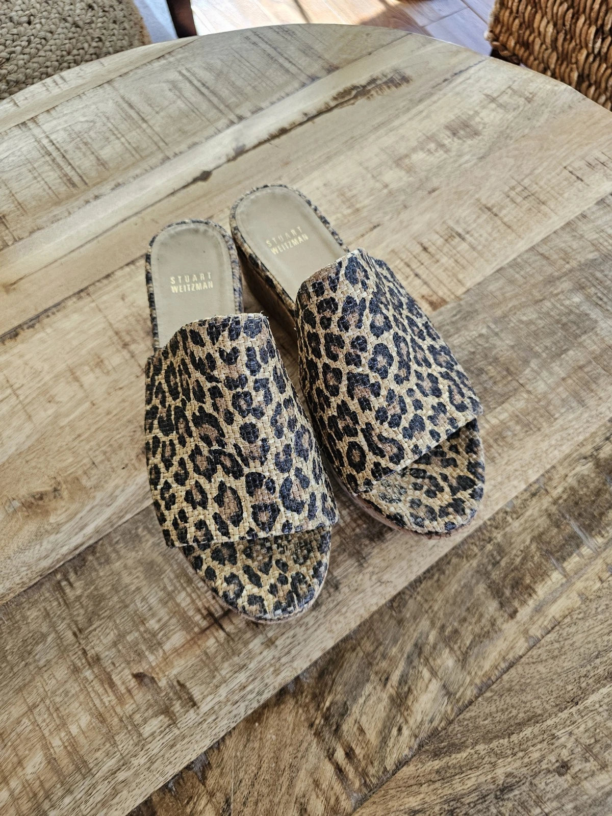 Stuart Weitzman Womens Flatout Leopard Canvas Raffia Flatform Slide Sandals 8.5