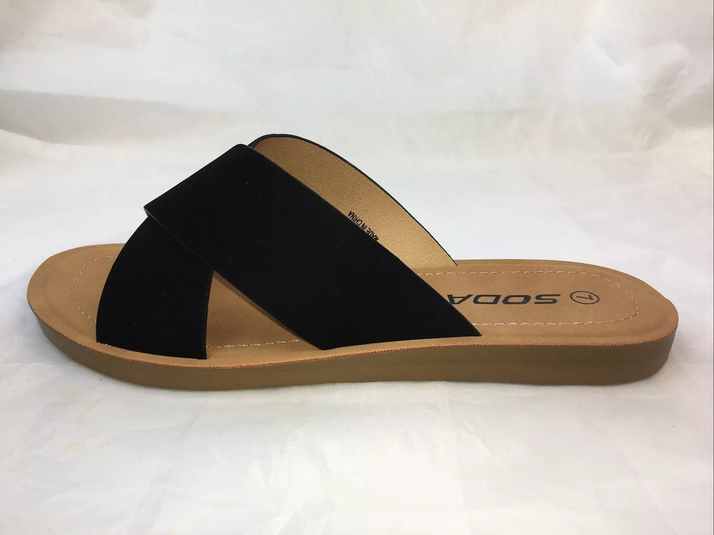 SODA-REFLECT-BLACK NUBUCK PU X BANDS Slide CASUAL Fashion Women Sandal Slip On