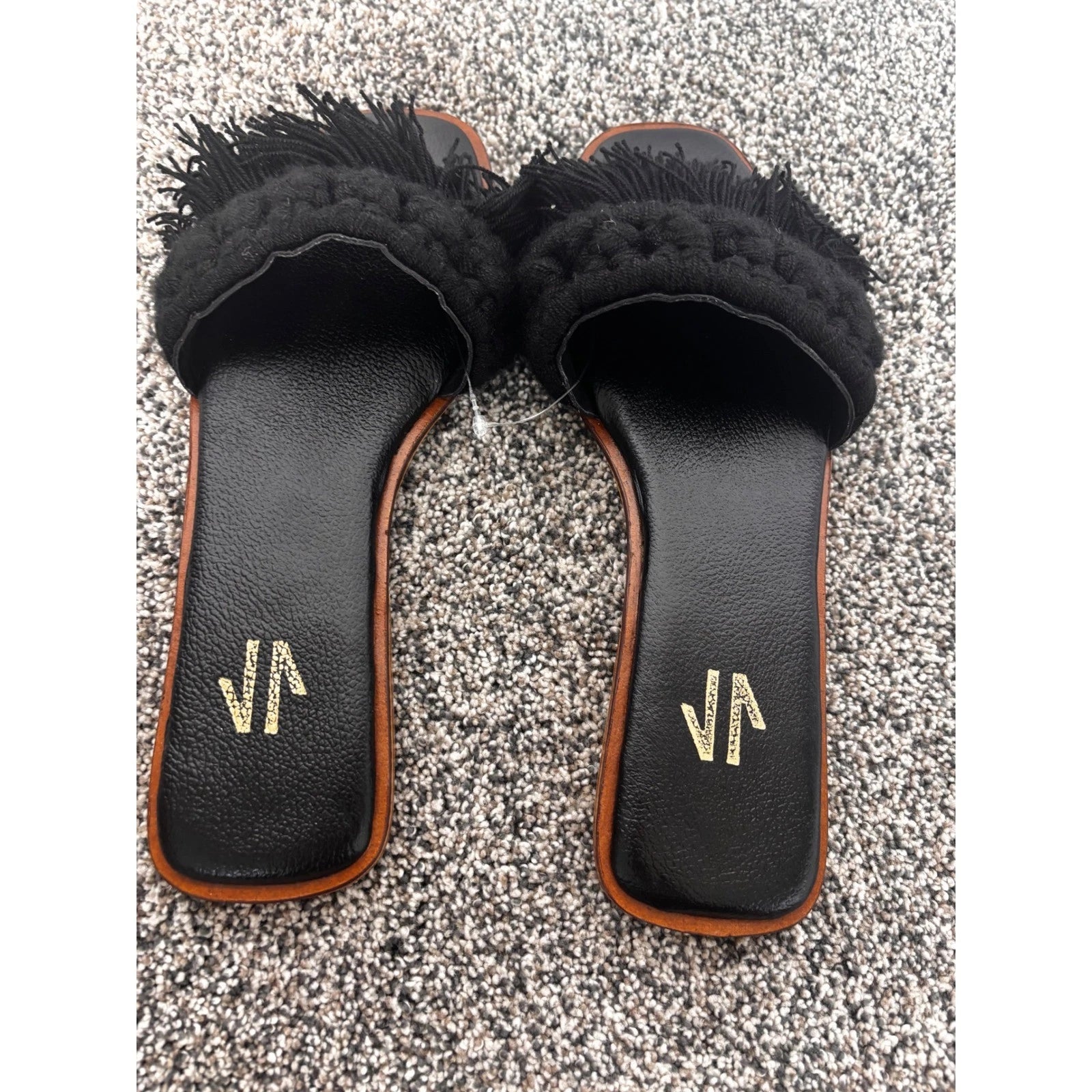 Silvia Cobos Black Candy Fringe Detail Square Toe Flat Slide Sandals